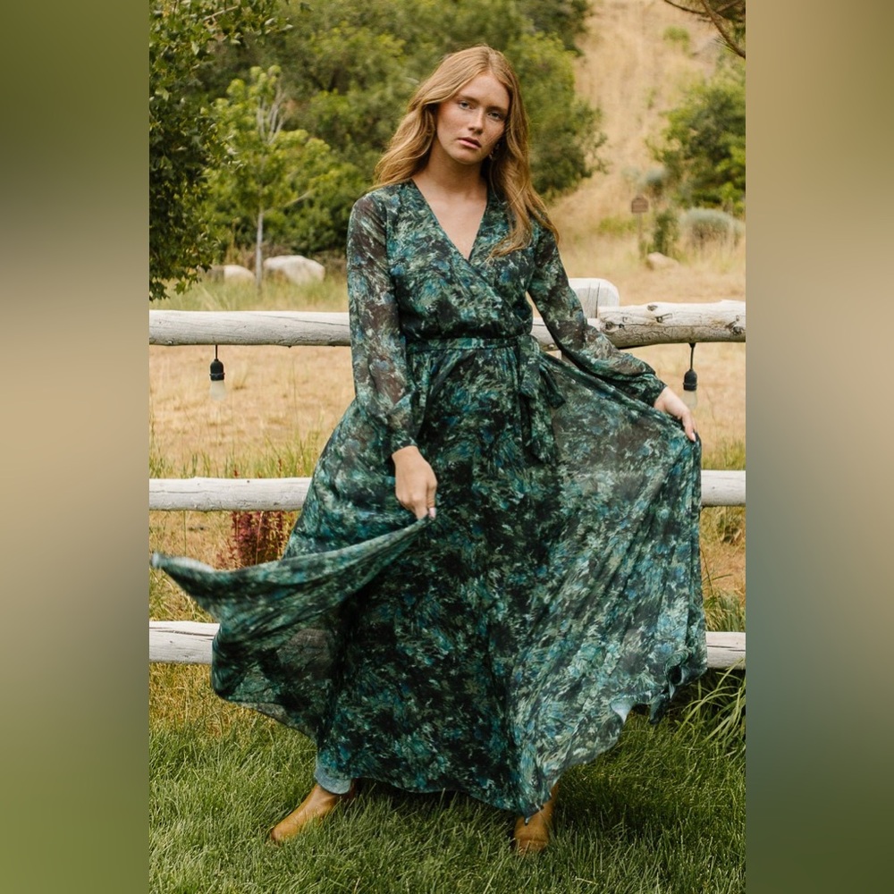 Ivy City Laney Green Watercolor Tiered Bishop Sleeve Maxi Sundress Size XXS - Picture 10 of 16